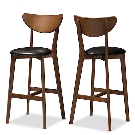 Baxton Studio Eline Black Faux Leather Upholstered Walnut Finished Bar Stool, PK2 144-8076